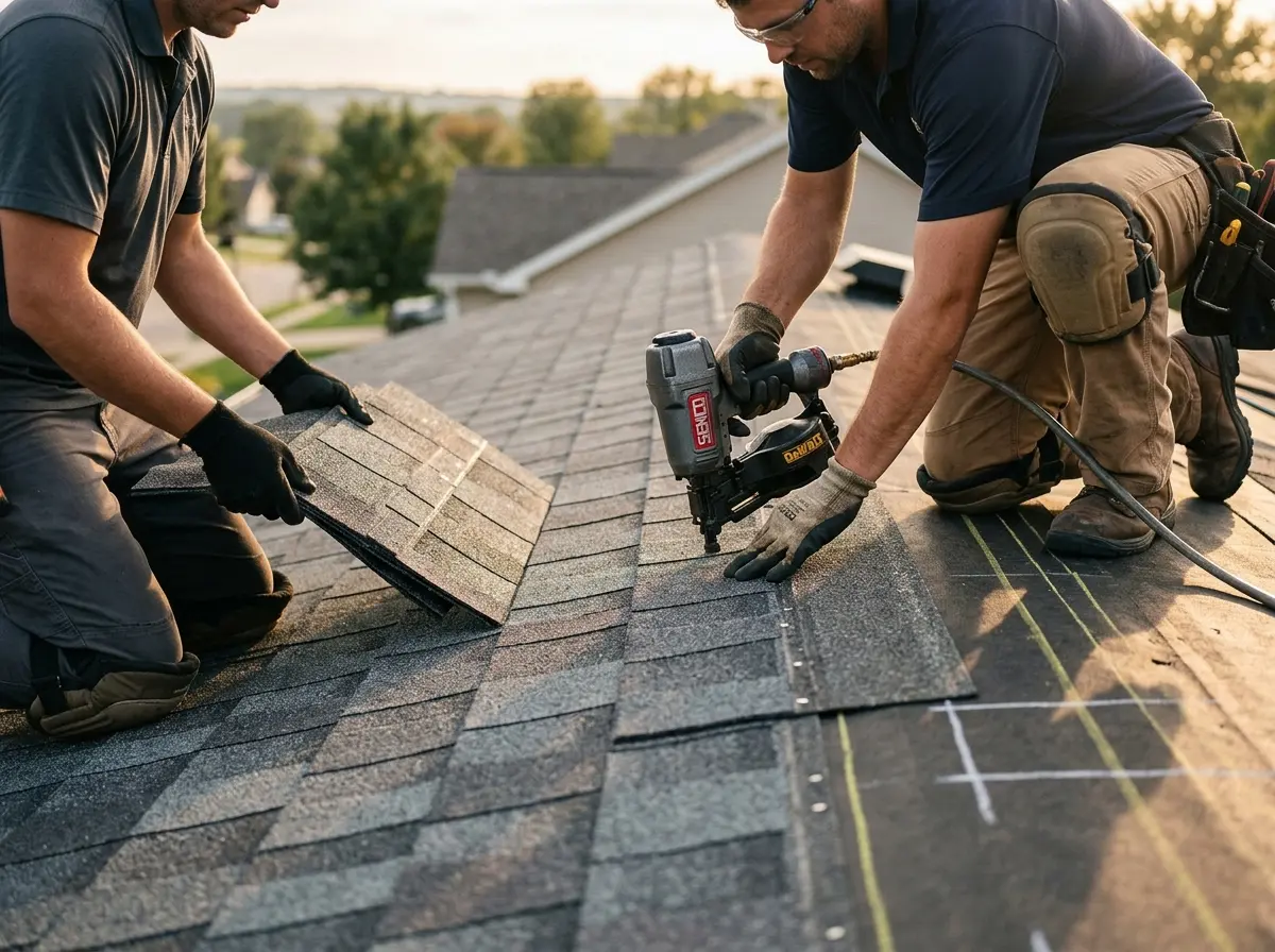Professional roofer working on a residential roof in West Vincent